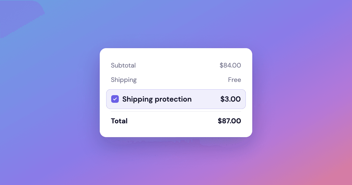 A checkout summary with a $3.00 shipping protection line item ticked between shipping and the order total.